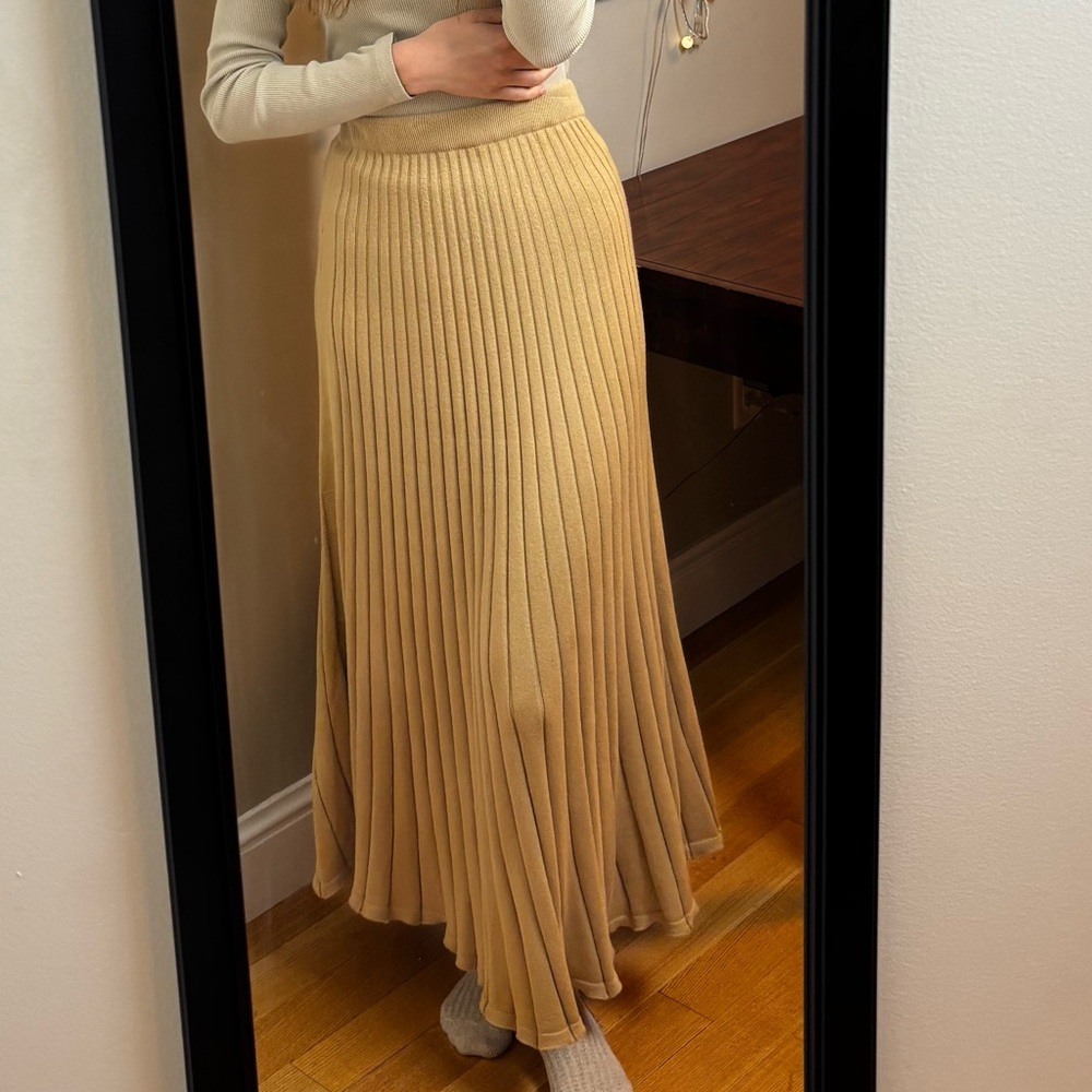Anna Quan Felicia Camel tan Beige Pleated Maxi knit Skirt a-line Cotton